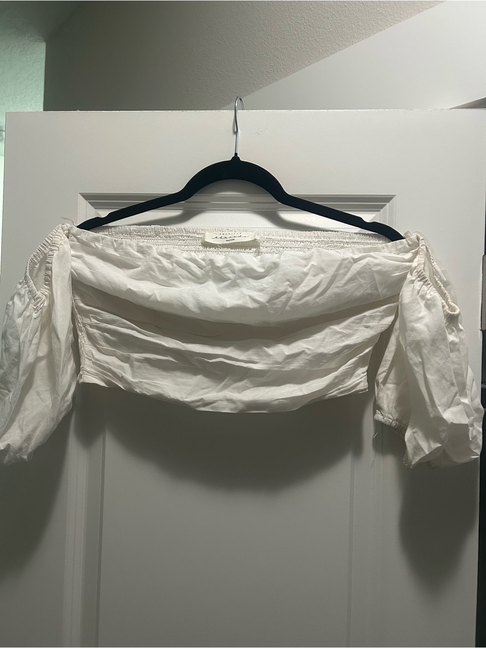 American Threads White Off-the-Shoulder Crop Top with Puff Sleeves